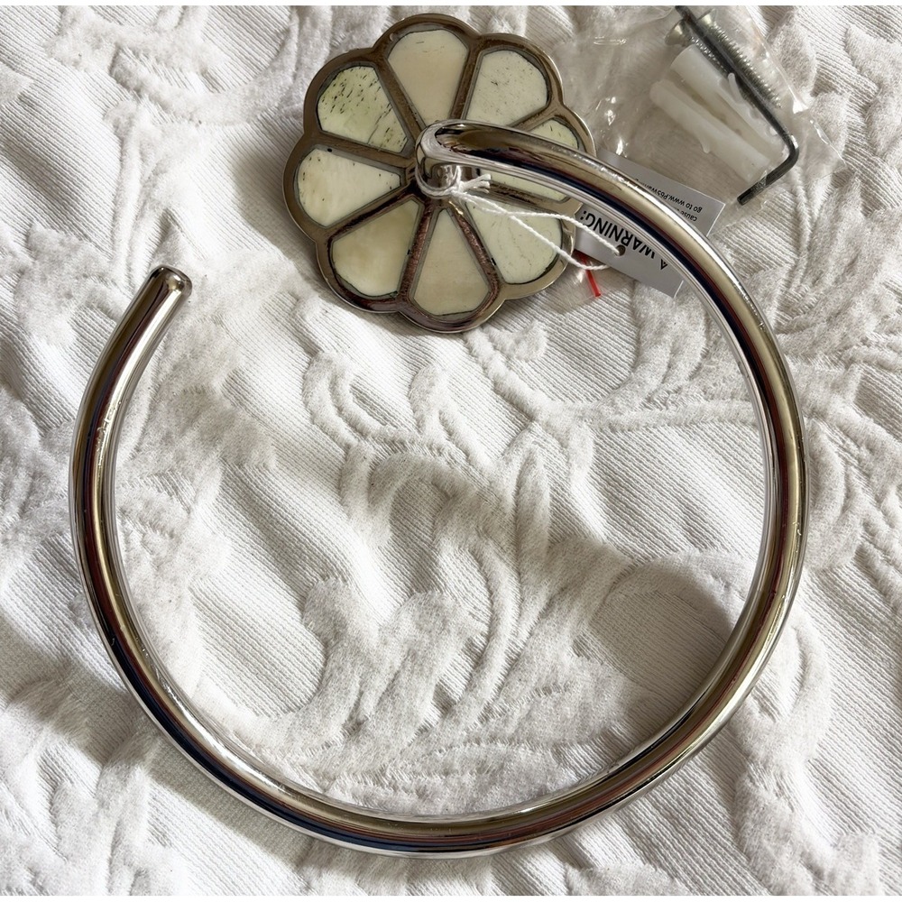 Anthropologie Botanist Hand Towel Ring Floral Inlay Silver Bathroom NEW Boho